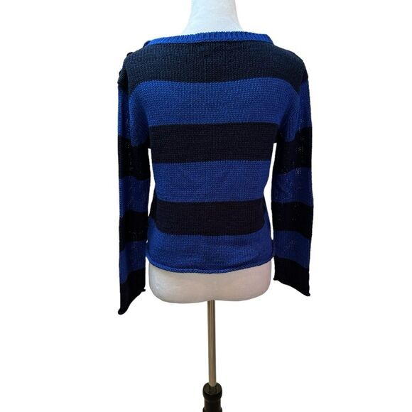 Striped Knit Sweater Button Accent Blue Black Long Sleeve Casual Top - Picture 3 of 6